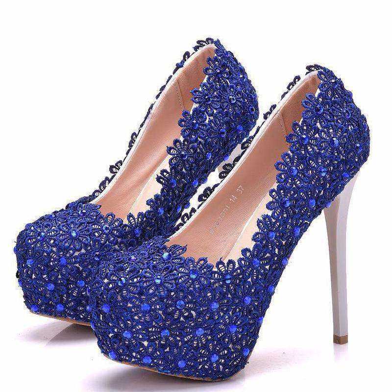 Female Wedding Shoes Blue Lace Wedding Shoes Women High Heel 14CM Crystal Bridal Shoes Princess Pumps Platform Plus Size 34 41
