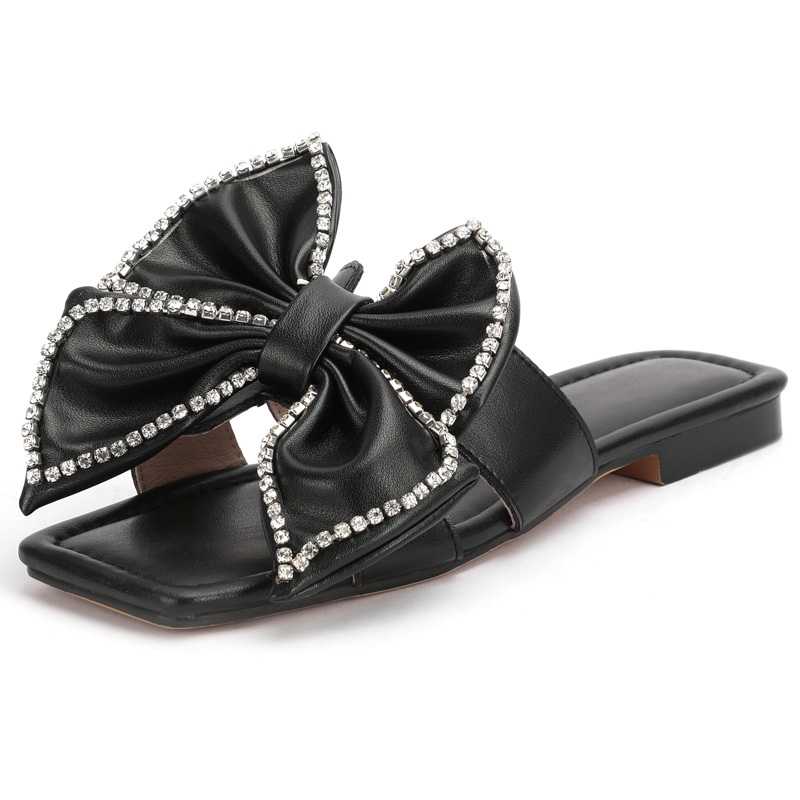 Rhineston Butterfly knot Genuine Leather Flat Sandals Women Summer Casual Shoes Sandales Femmes 2021 Black