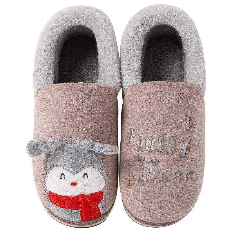 Women's slippers Winter home indoor non slip slippers Couple cute scarf deer pattern Home slippers thick plush keep warm