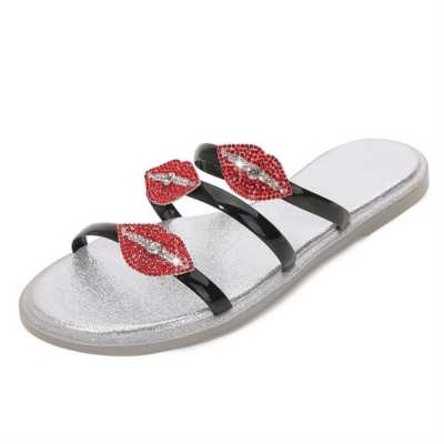 Fashion Sexy Red Lips Rehinestone Slides Outside Women's Leisure Flip Flops Flat Heels Charming Beach Sandals Ladies Slippers